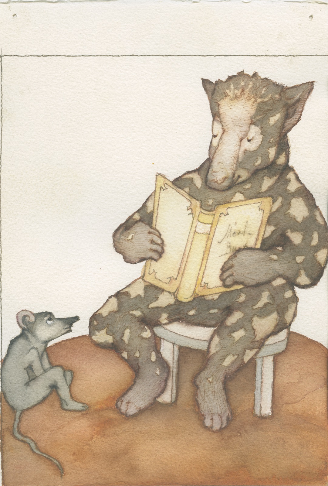 Watercolour: a large spotted creature on a stool reads a book aloud to a small grey mouse