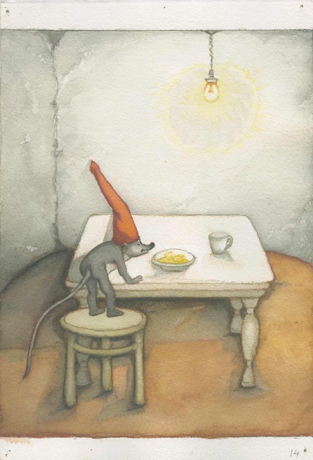 Watercolour: a mouse in a tall red cap stands on a stool at a table under a bare light bulb
